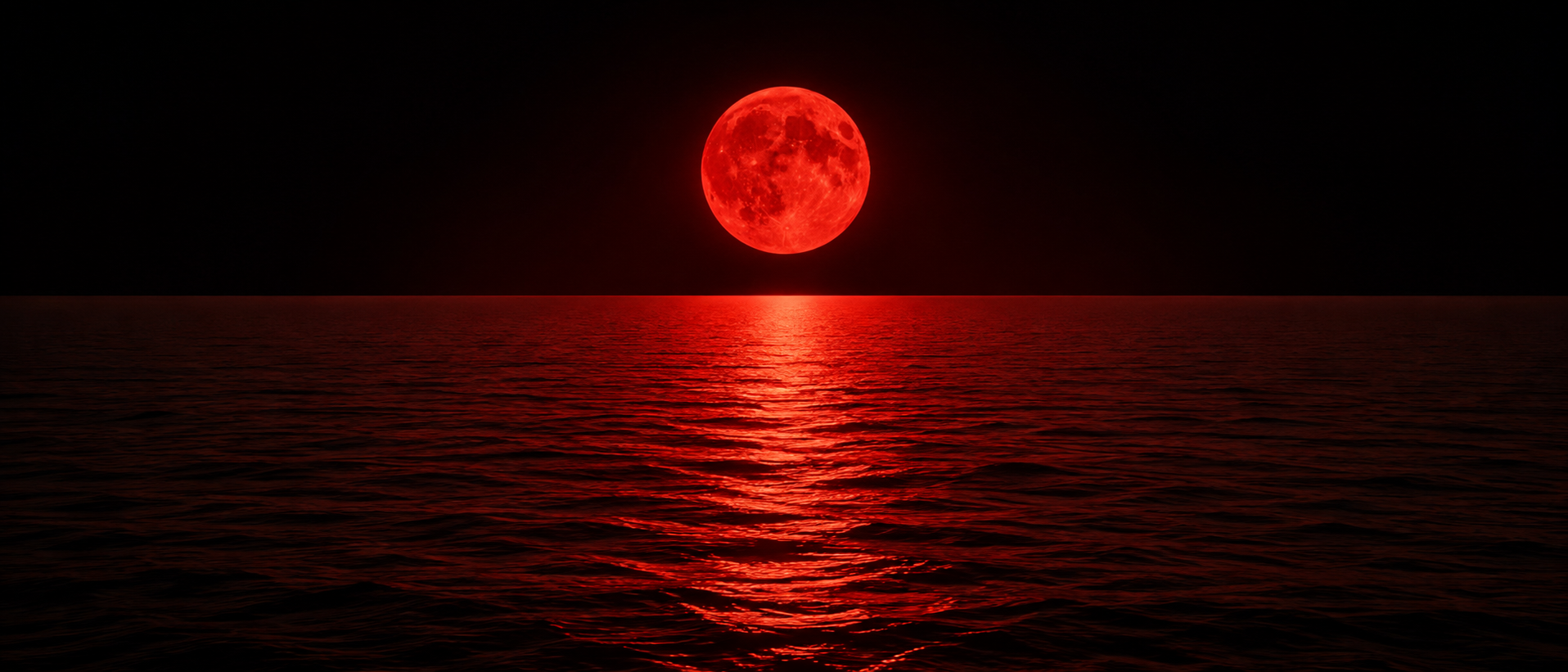 Lua cheia avermelhada nascendo na linha do mar, com reflexo vermelho sobre as águas
